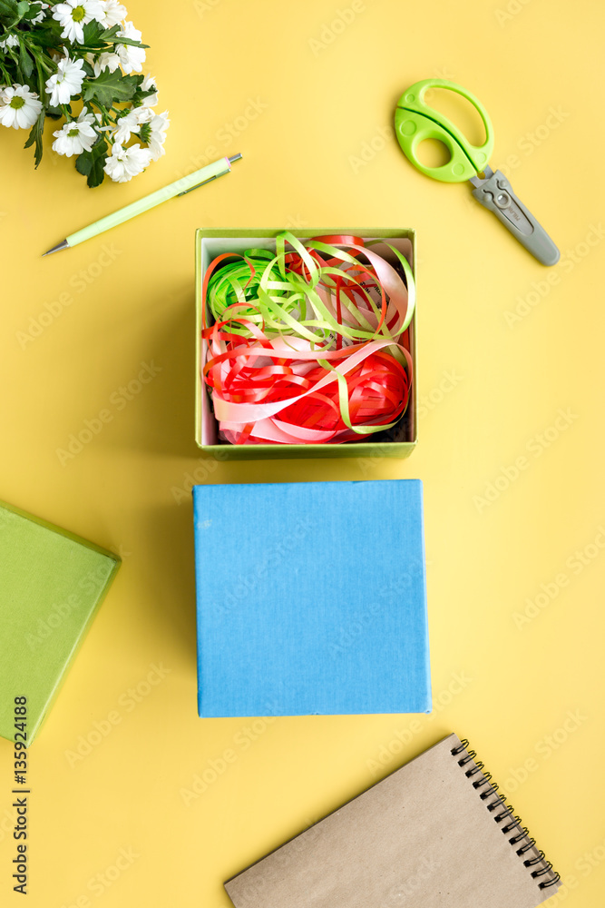 wrapping gifts in box for holiday top view mock up