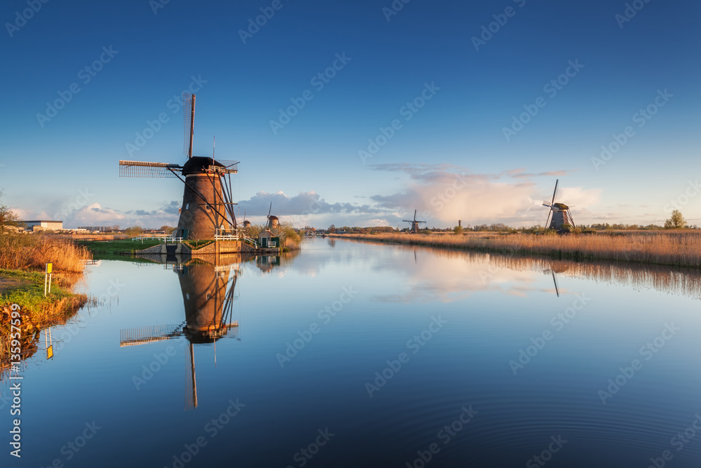 Windmills at sunrise. Rustic landscape with traditional dutch windmills near the water canals with b