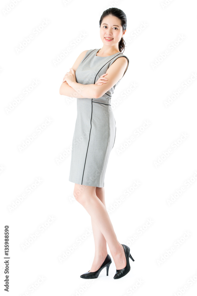 beautiful happy asian business woman cross arm standing