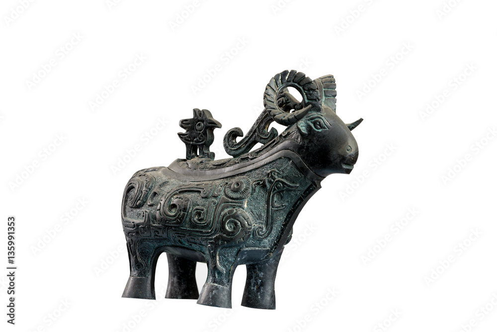 isolated bronze goat sculpture on white background