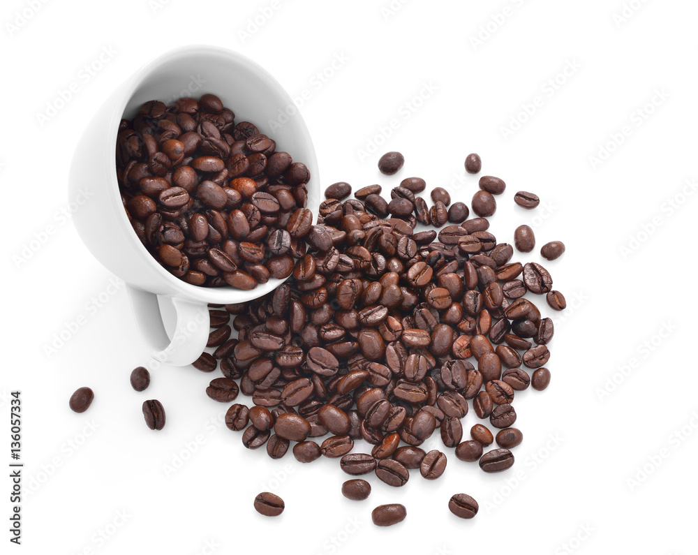 Coffee beans in coffee cup isolated on white