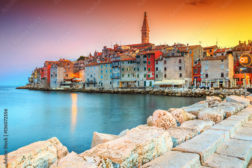 Amazing sunset with colorful sky, Rovinj, Istria region, Croatia, Europe