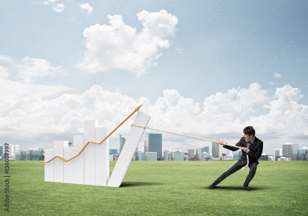 Businessman pulling graph with rope as concept of power and control