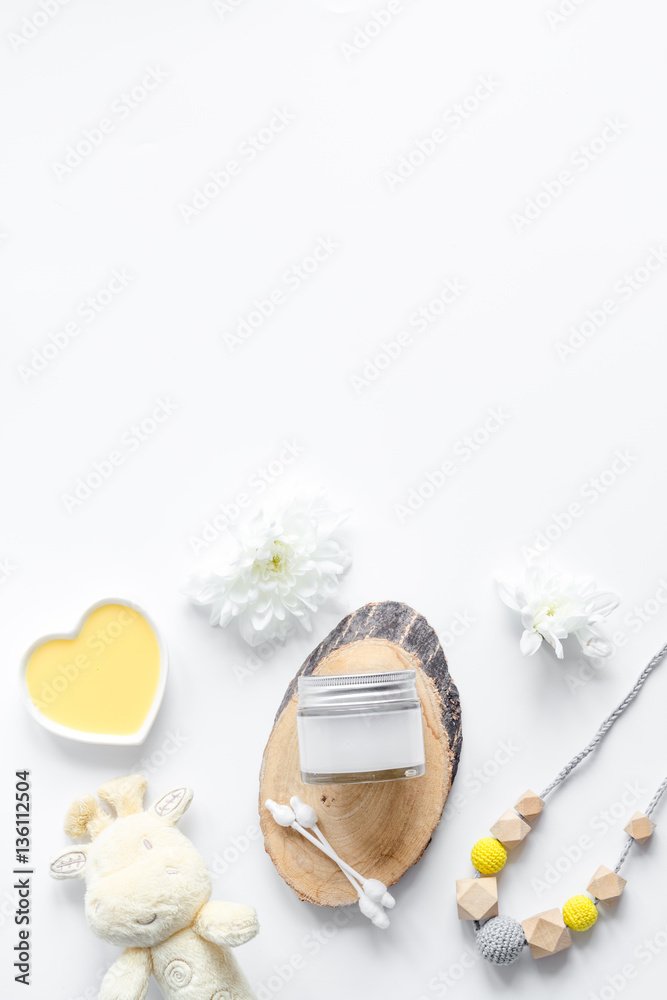 natural organic cosmetics for baby on white background top view