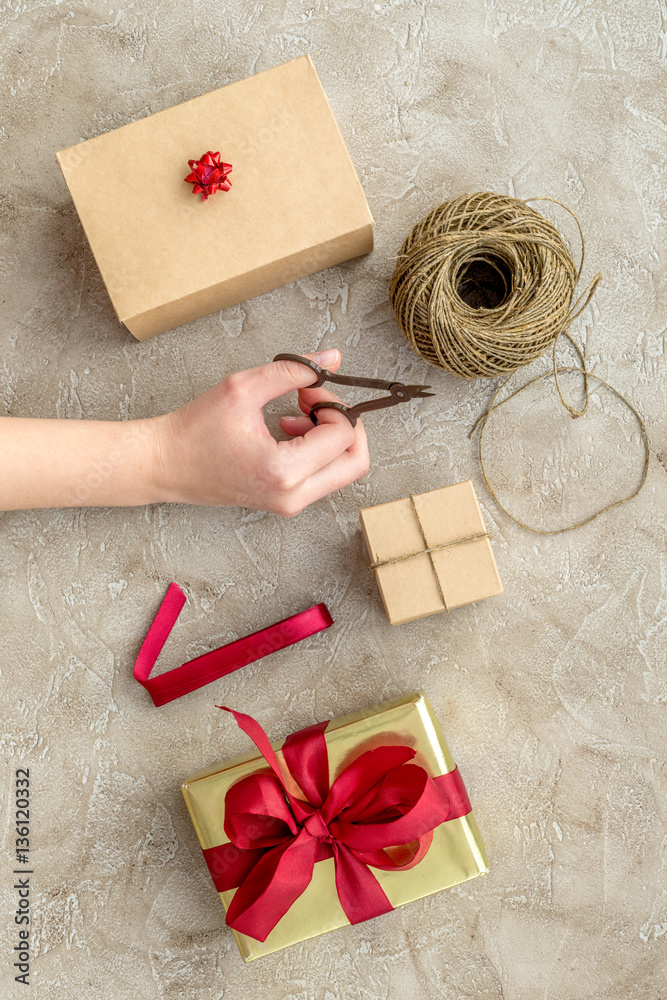 wrapping gifts in box for holiday top view mock up