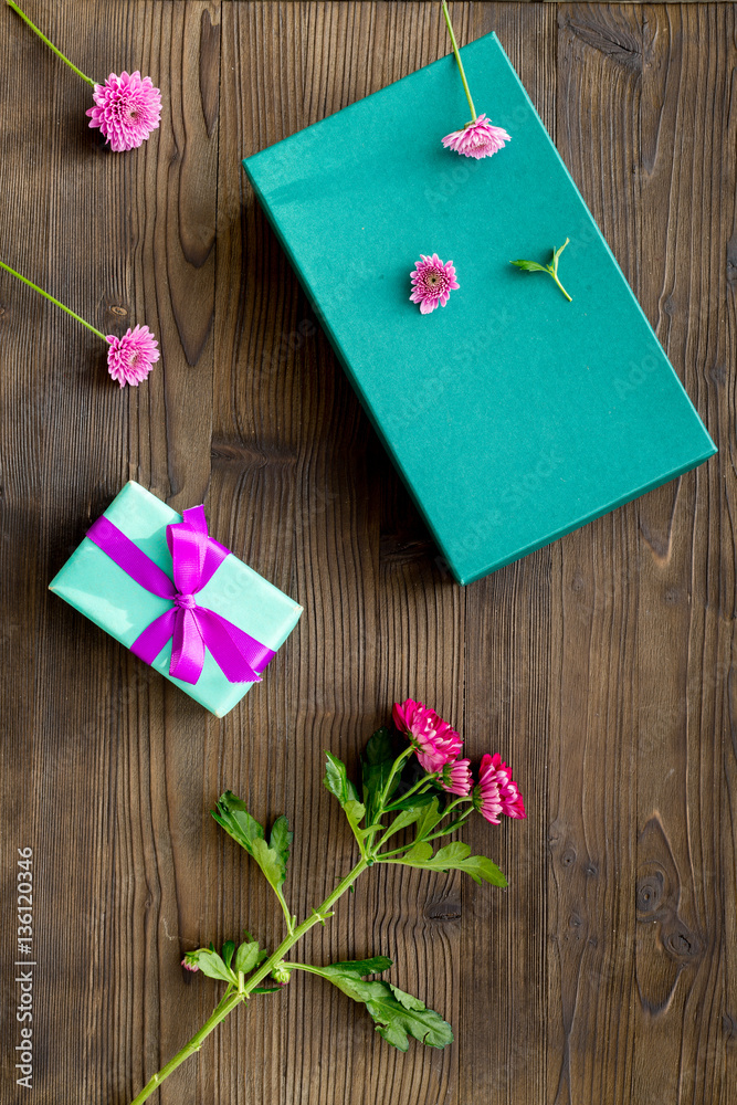 wrapping gifts in box for holiday top view mock up