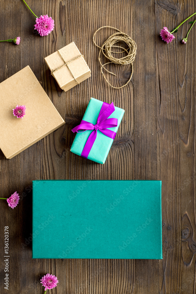 wrapping gifts in box for holiday top view mock up