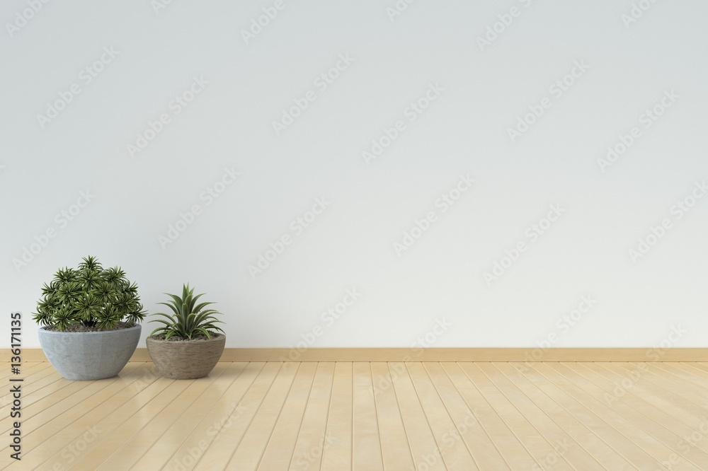 Interior with armchairs and ornamental plants on empty wall background,3D rendering