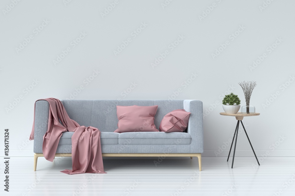 living room with velvet sofa on empty white wall background. 3D rendering