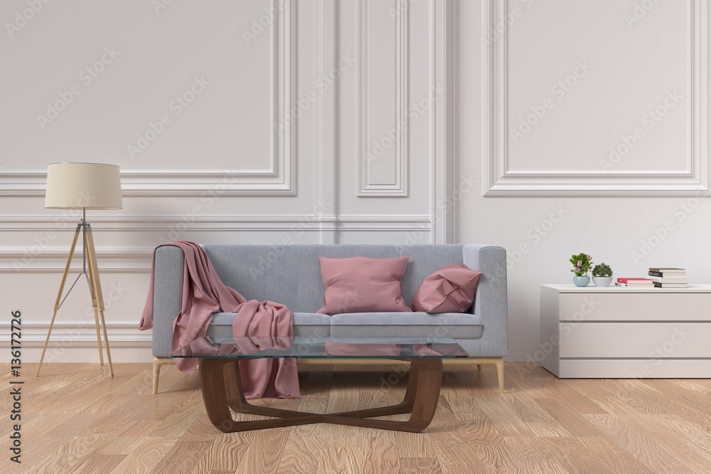 Living room with a sofa and a lamp with a brick wall,3D Rendering