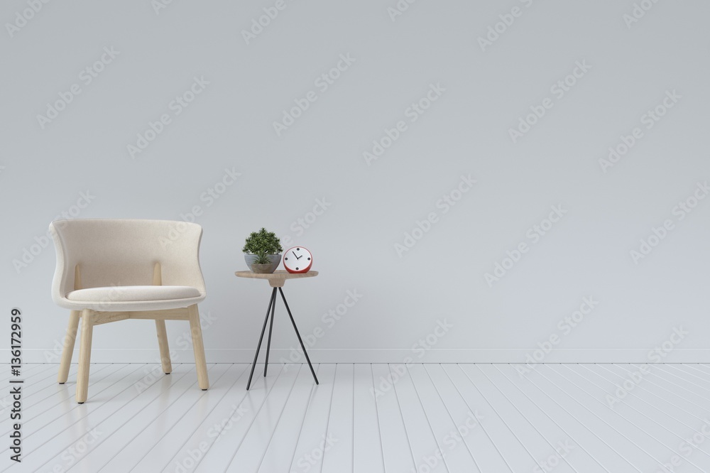 Interior with armchairs and ornamental plants on empty wall background,3D rendering