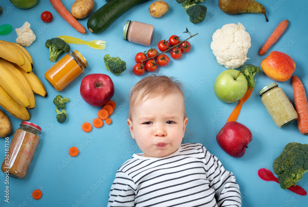 Baby surrounded with fruits and vegetables