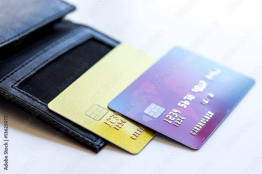 Credit cards with wallet close up - online shopping