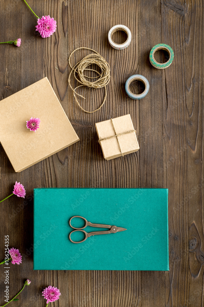 wrapping gifts in box for holiday top view mock up