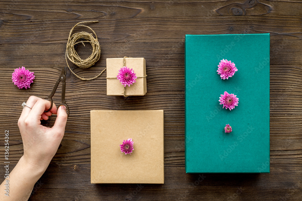 wrapping gifts in box for holiday top view mock up