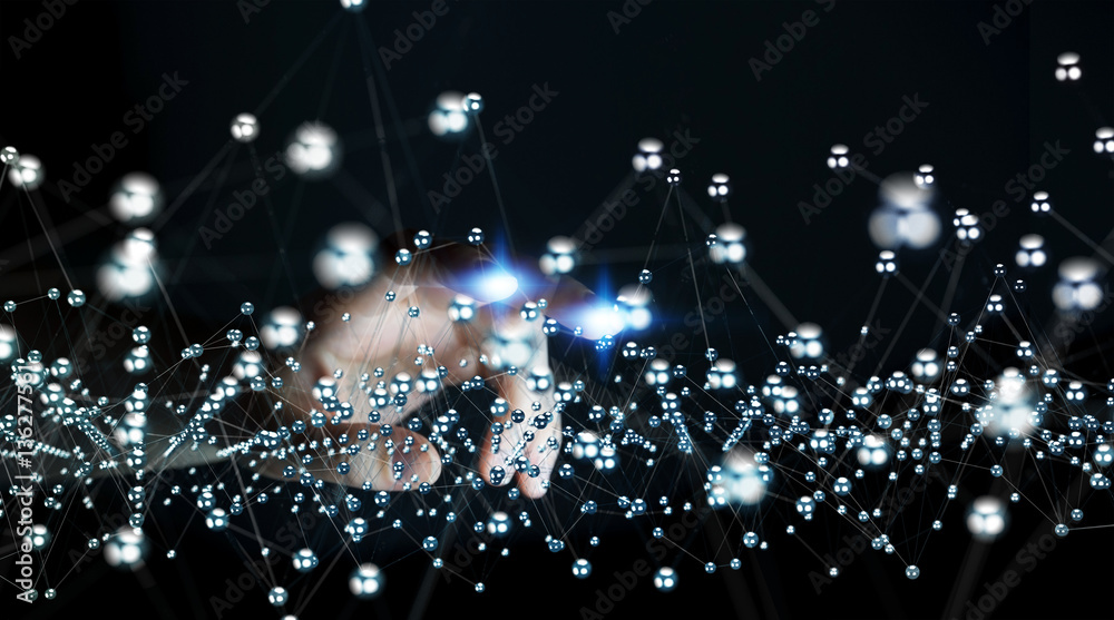 Businesswoman touching abstract connection interface 3D renderin