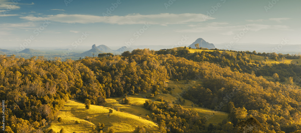 View of Mount Beerwah and countryside in the Glass House Mountains, Sunshine Coast.