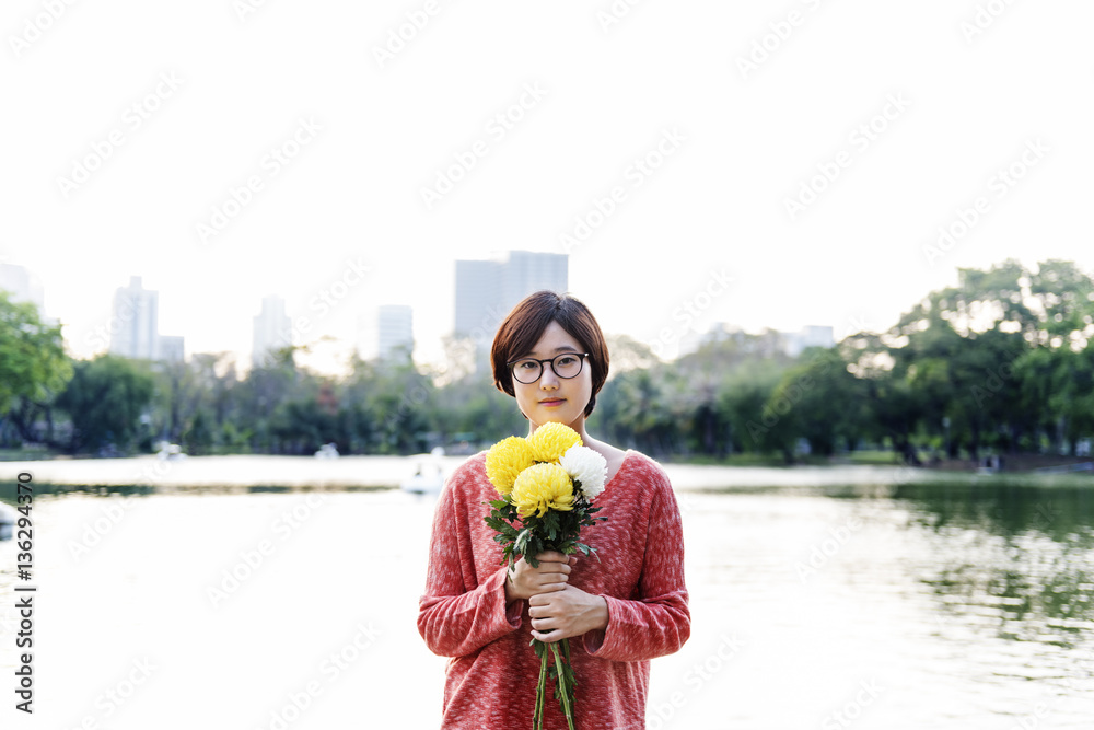 Asian Girl Flower Freshness Relaxation Concept