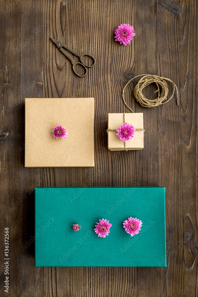 wrapping gifts in box for holiday top view mock up