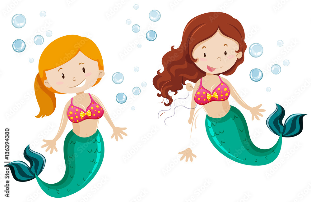 Two cute mermaid swimming underwater