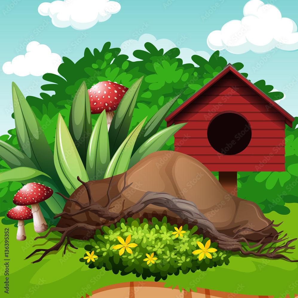 Garden scene with birdhouse and mushroom