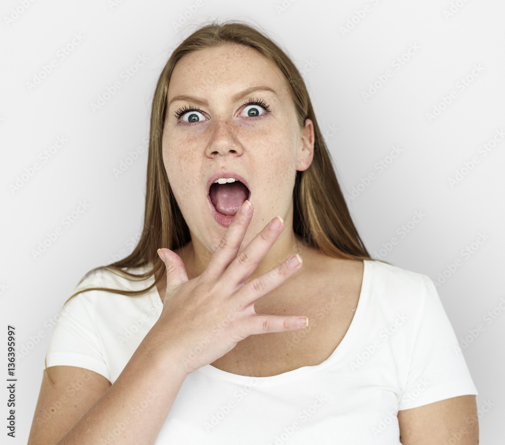 Caucasian Girl Shocked Hand Gesture