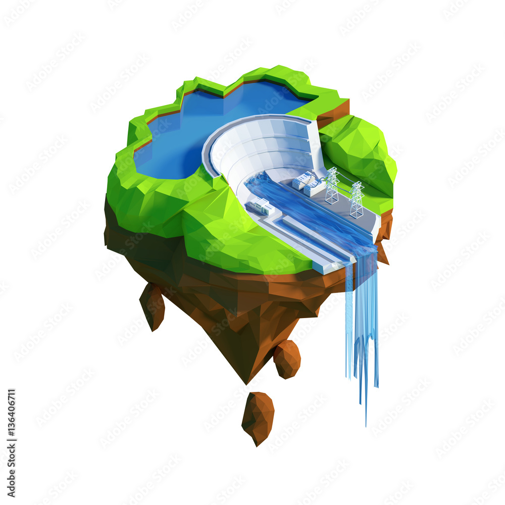 Isometric view low poly hydroelectricity power station concept. 3D illustration