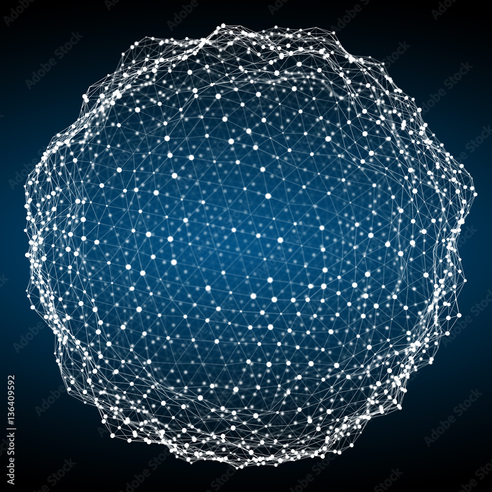 Floating white and blue glowing sphere network 3D rendering