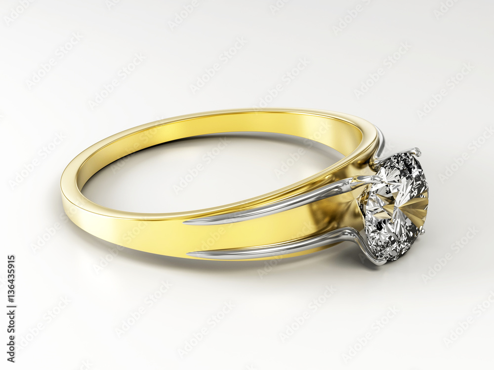 3D Gold diamond Ring isolated on white background.