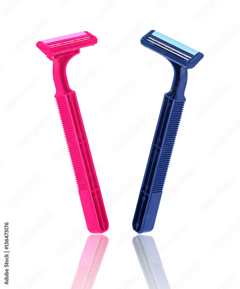 Pink lady shaver and blue shaver for men isolated on white backg