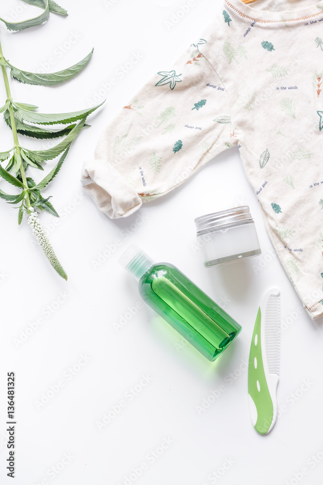 natural organic cosmetics for baby on white background top view