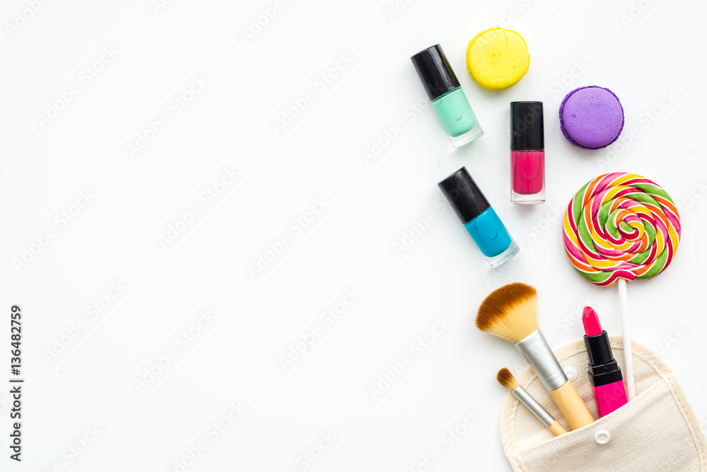 decorative cosmetics on white background top view