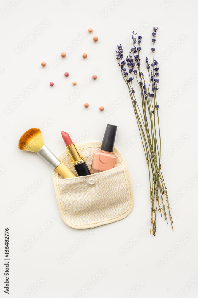 decorative cosmetics on white background top view