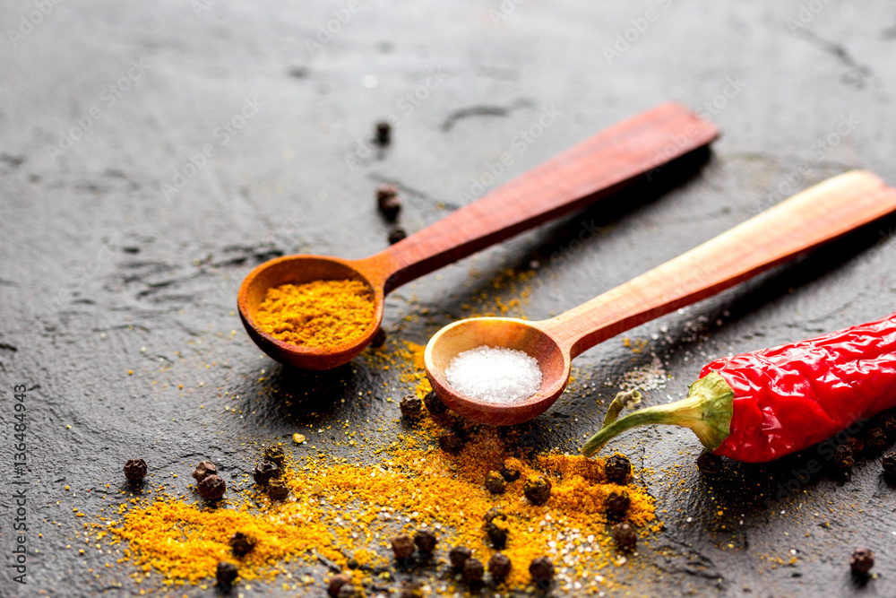 spices in wooden spoon on dark background