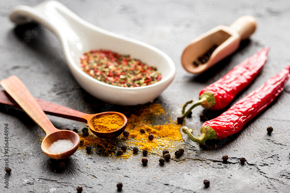 spices in wooden spoon on dark background