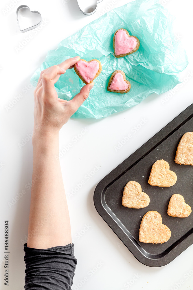 cookies for Valentine Day heartshaped on white background top view