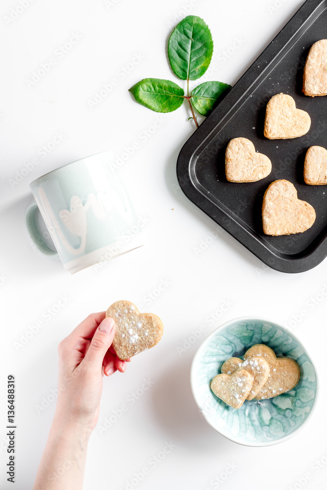 cookies for Valentine Day heartshaped on white background top view