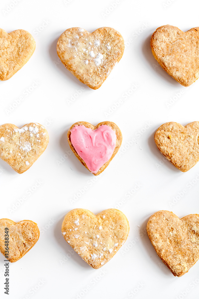 cookies for Valentine Day heartshaped white background top view pattern