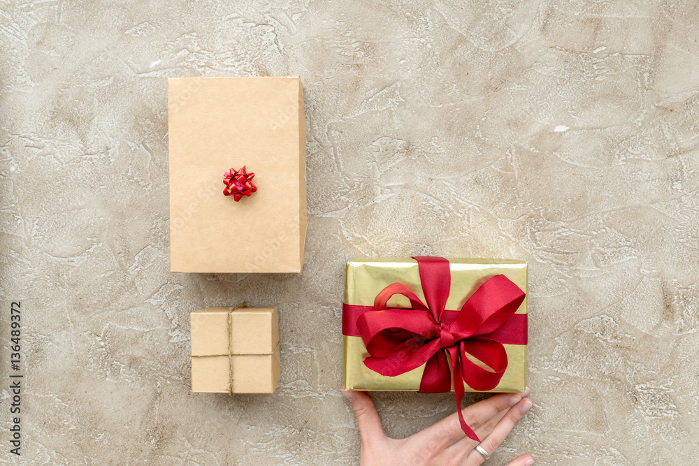 wrapping gifts in box for holiday top view mock up