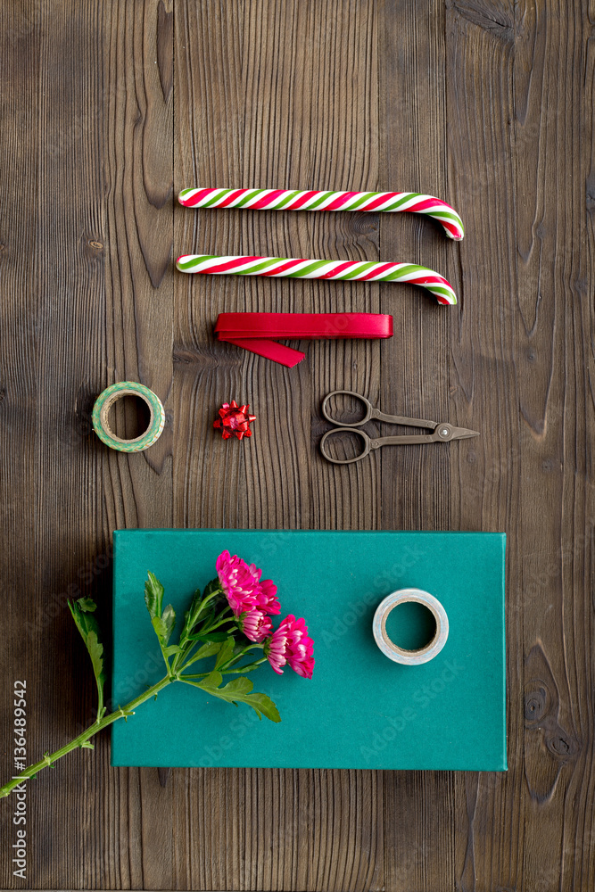 wrapping gifts in box for holiday top view mock up