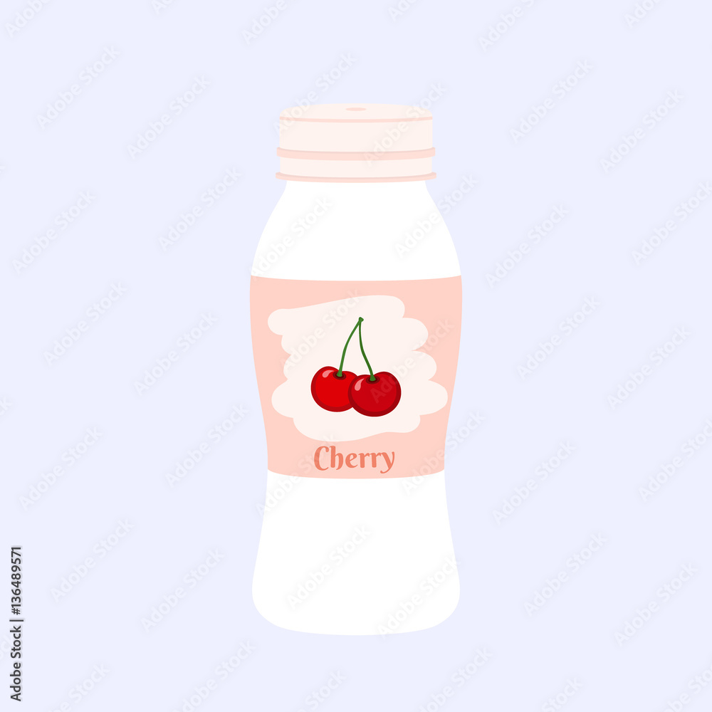 Cherry yogurt in plastic cup. Milk cream product. Flat style.