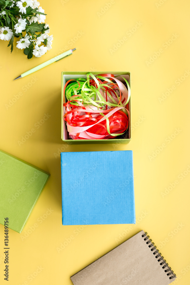 wrapping gifts in box for holiday top view mock up