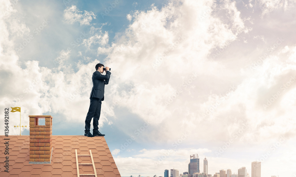 Mister boss on brick roof in search of something new. Mixed medi