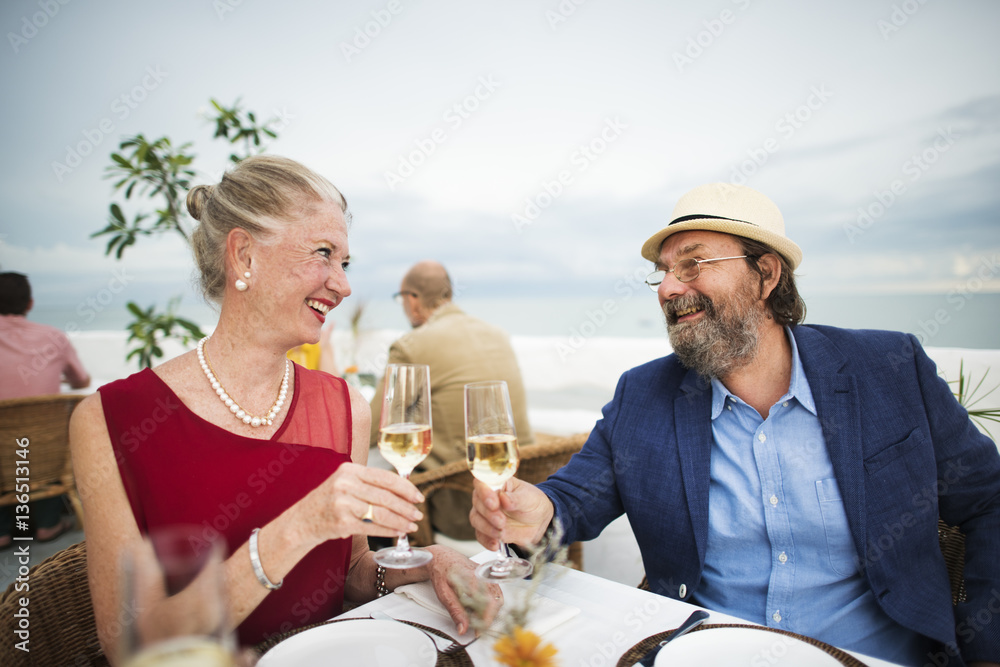 Mature Friends Fine Dining Outdoors Concept