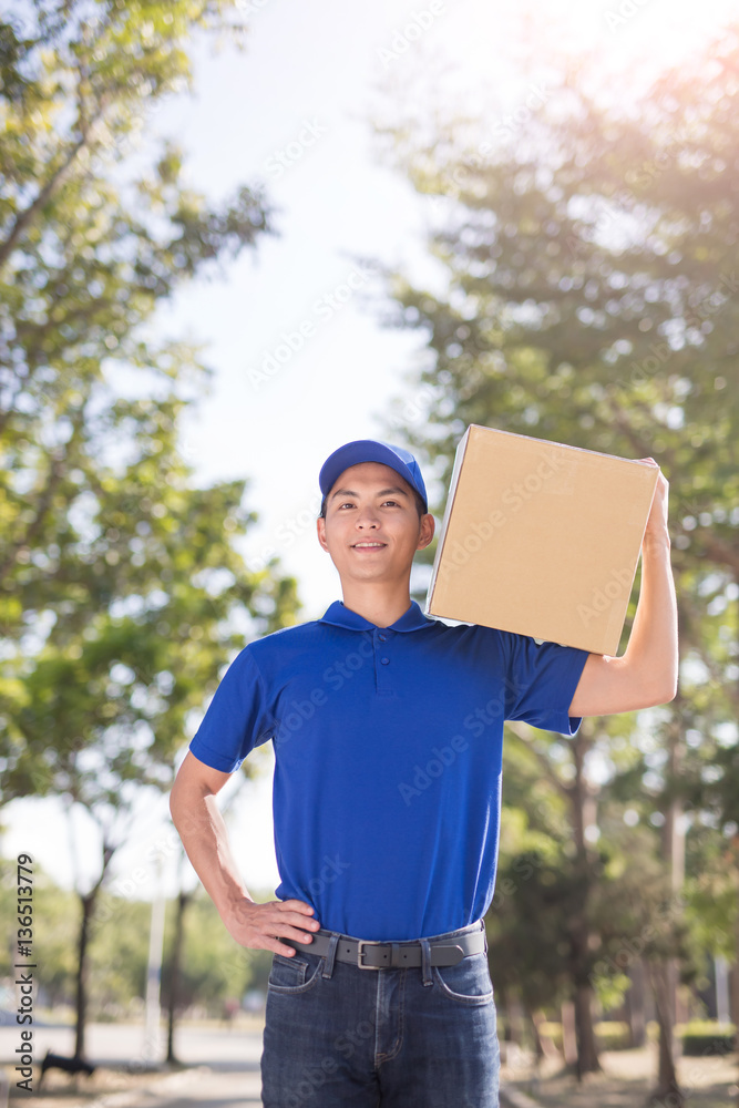 deliveryman stand and smile