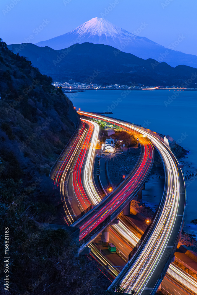 Tomai expressway and Suruga bay with mountain fuji in evening at Shizuoka prefecture..