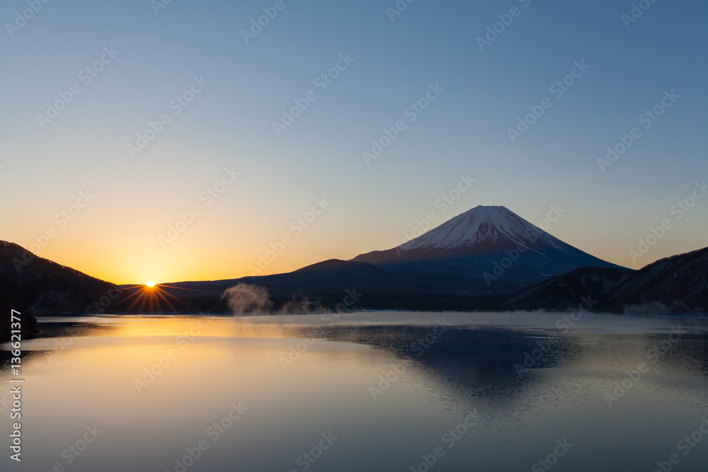 Mt.Fuji at Lake Motosu in winter morning