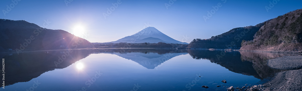 Mountain Fuji and Lake Shoji in morning