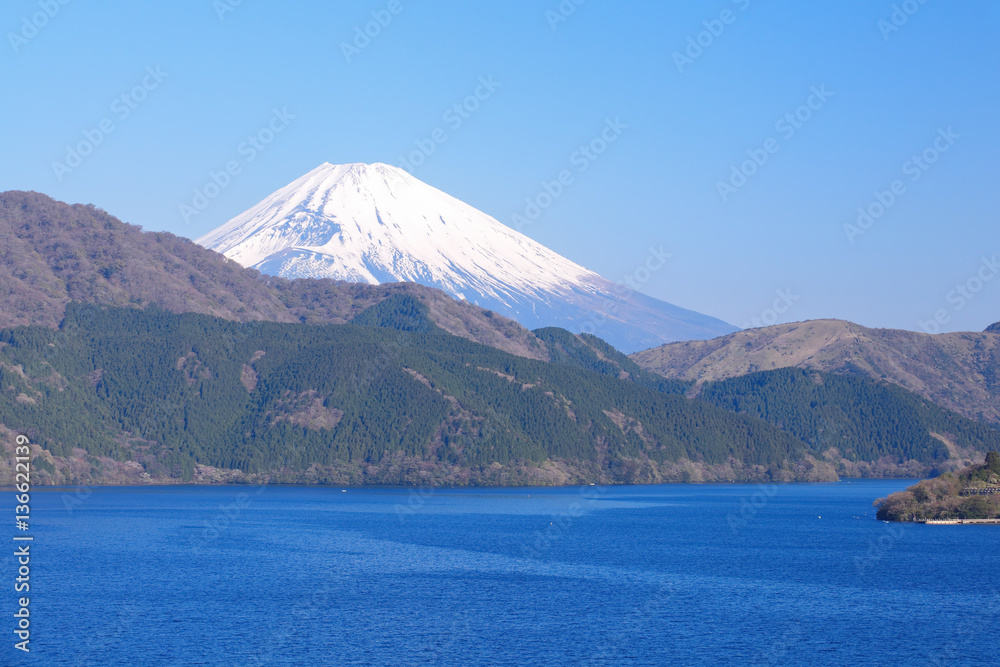 Beautiful Lake ashi and Mountain Fuji in spring season