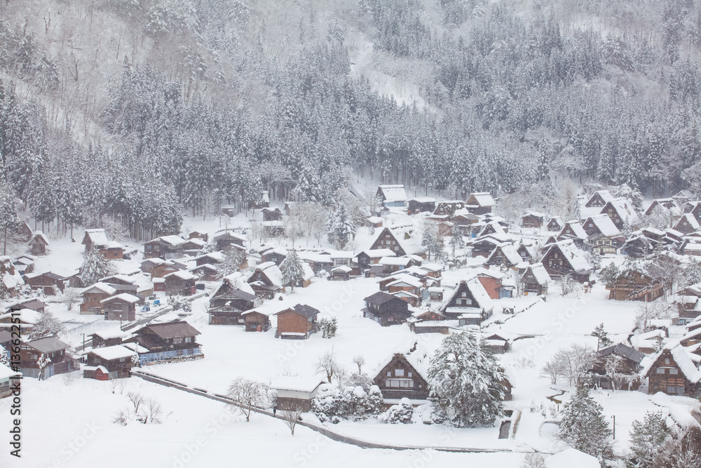 World Heritage Site Shirakawago village with snow in winter